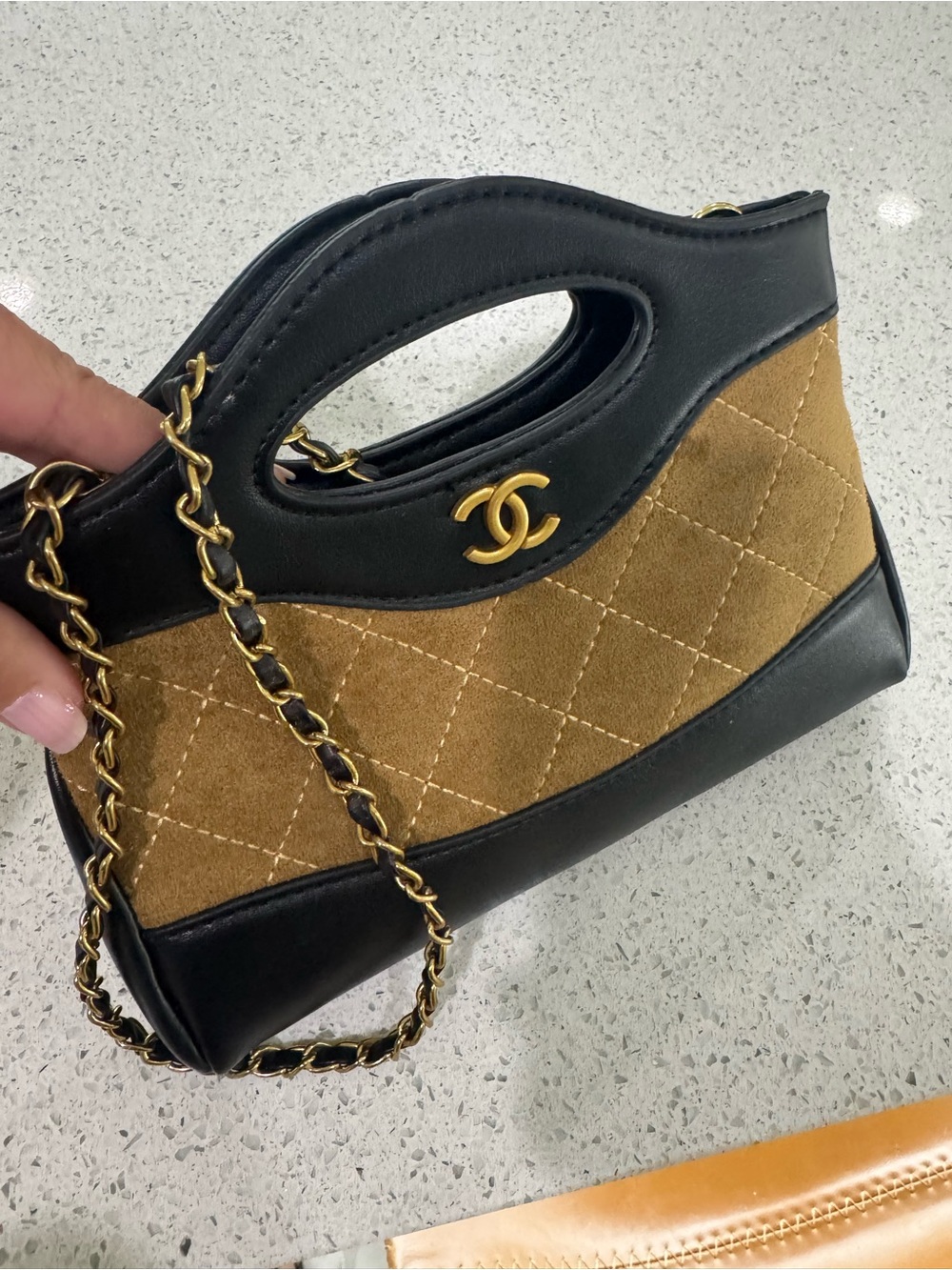 CHANEL Black & Tan Quilted Suede Shoulder Bag with Gold Chain